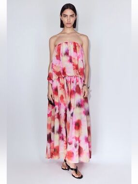 VIRAL H&M CHIFFON BANDEAU STRAPLESS WATERCOLOR MAXI FLORAL DRESS NWT Sz XXS